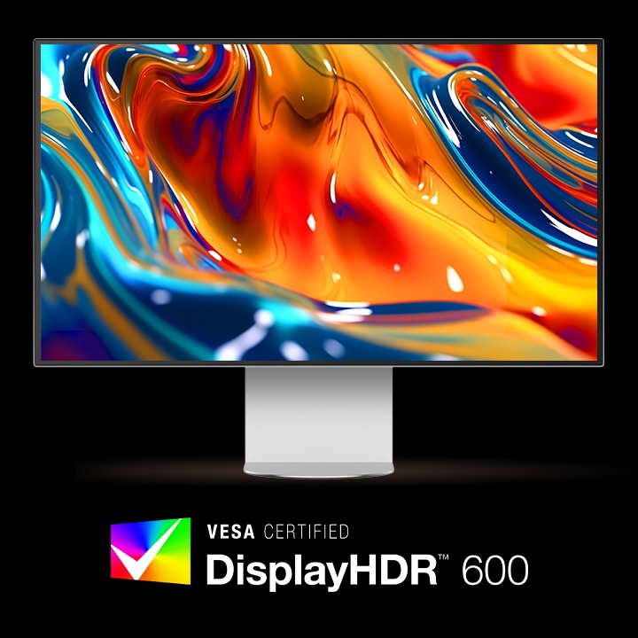 UltraFineモニターの正面画像にカラフルな画像が映り、その色彩の正確さを示している。下にVESA CERTIFIED DisplayHDR™ 600のロゴが配置されている。