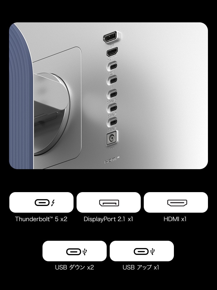 UltraFineモニターポートのクローズアップ。さまざまなケーブル接続が可能であることが示されている。