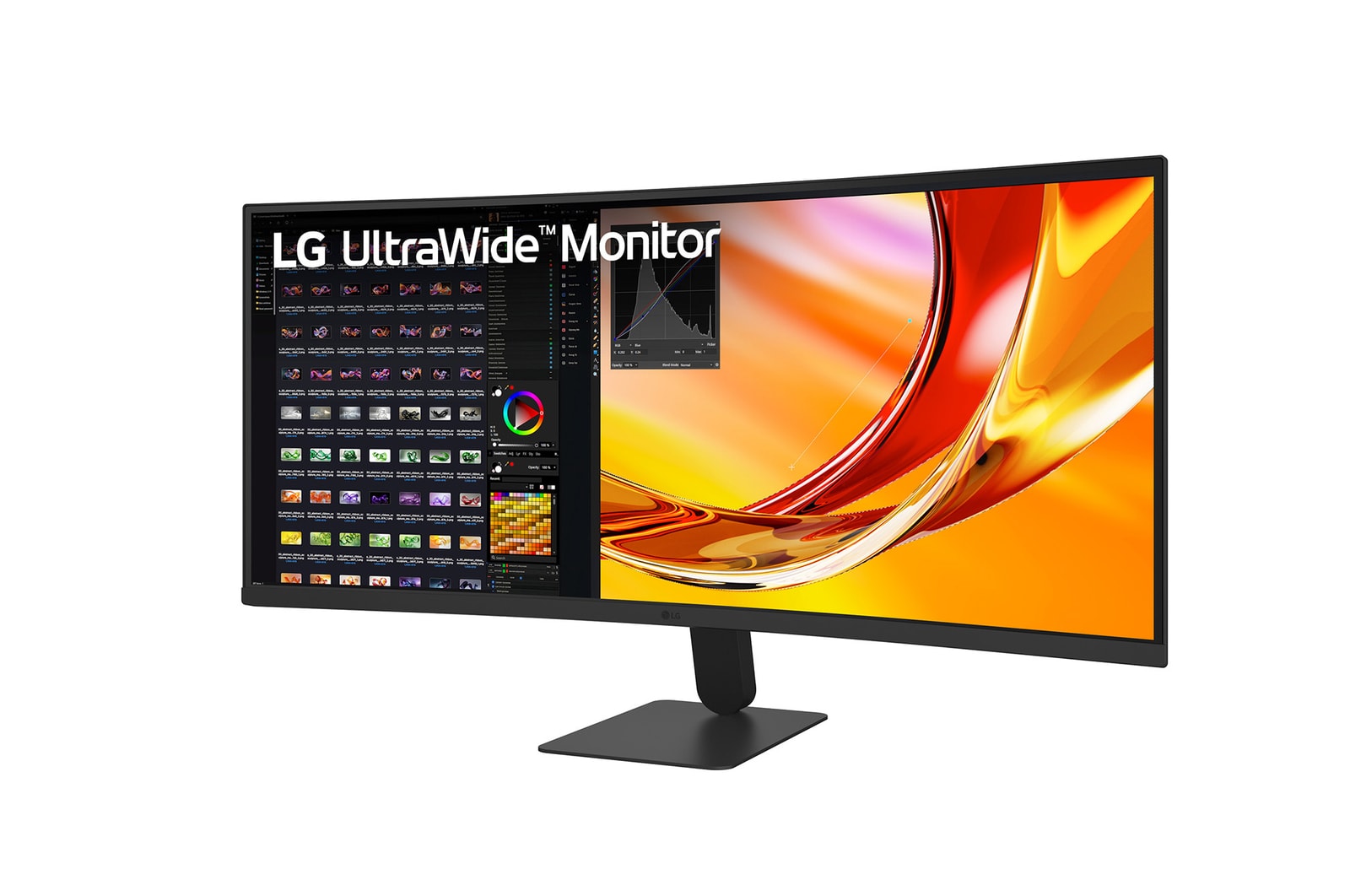 LG UltraWide Curved Monitorの斜め正面ビュー。3辺ベゼルレスデザインとワイドスクリーンを強調。
