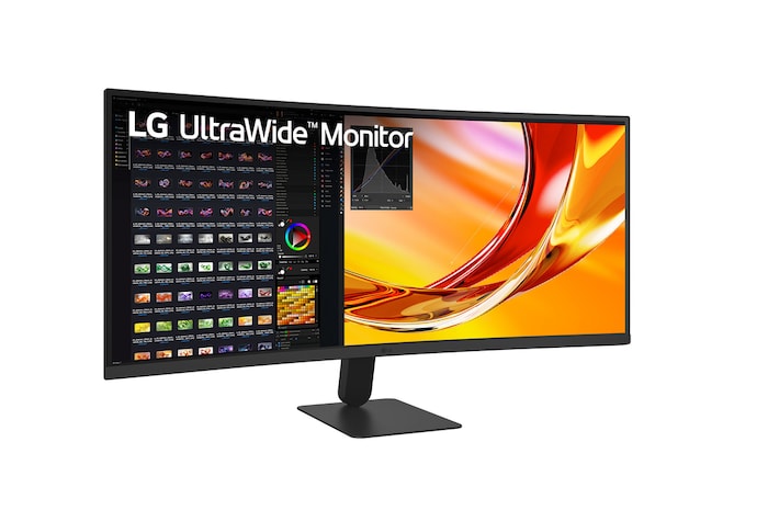 LG UltraWide Curved Monitorの側面図。曲面パネルの奥行きを強調。