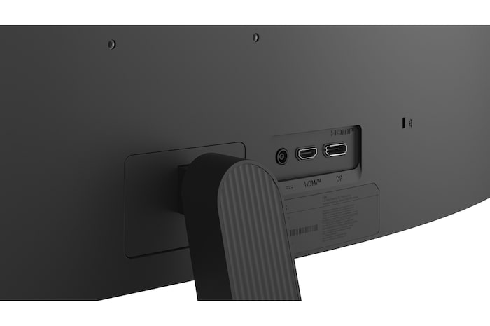 LG UltraWide Curved MonitorにLG Switchアプリのインターフェースを映し、画面レイアウトの制御と画質モードの調整を表示。
