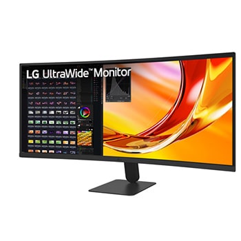 LG UltraWide Curved Monitorの斜め正面ビュー。3辺ベゼルレスデザインとワイドスクリーンを強調。