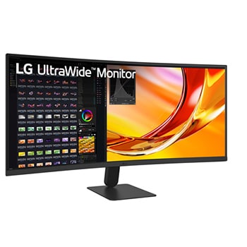 LG UltraWide Curved Monitorの側面図。曲面パネルの奥行きを強調。