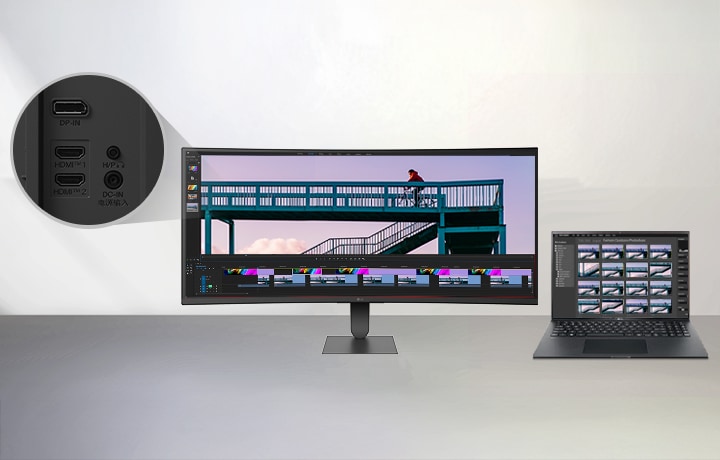 DisplayPortやHDMIなどの複数のインプット接続オプションを備えたLG UltraWide Curved Monitor。ノートパソコンに接続し、ワイドスクリーンで拡張された編集とマルチタスクを行うことができます。柔軟なデバイスセットアップと効率的でプロフェッショナルなワークフローを支援します。