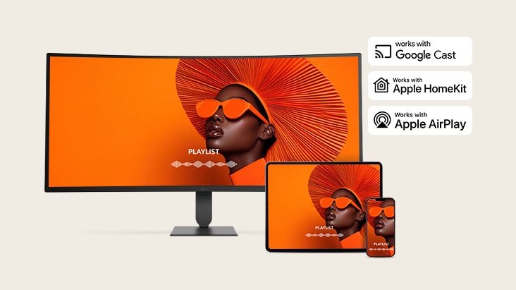 AirPlay 2とScreen Shareを使用して、LGスマートモニター、ノートパソコン、タブレット、スマートフォンで同じ画面が共有されています。