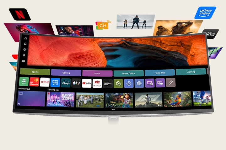 LGスマートモニターがwebOSのホーム画面にストリーミングアプリケーションとコンテンツタイルを表示し、映画、スポーツ、番組などの浮遊するエンターテイメントビジュアルに囲まれて、オールインワンのスマートストリーミング、コンテンツ発見、ホームエンターテイメント体験を強調しています
