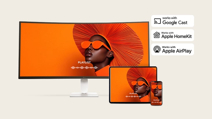 AirPlay 2とScreen Shareを使用して、LGスマートモニター、ノートパソコン、タブレット、スマートフォンで同じ画面が共有されています。