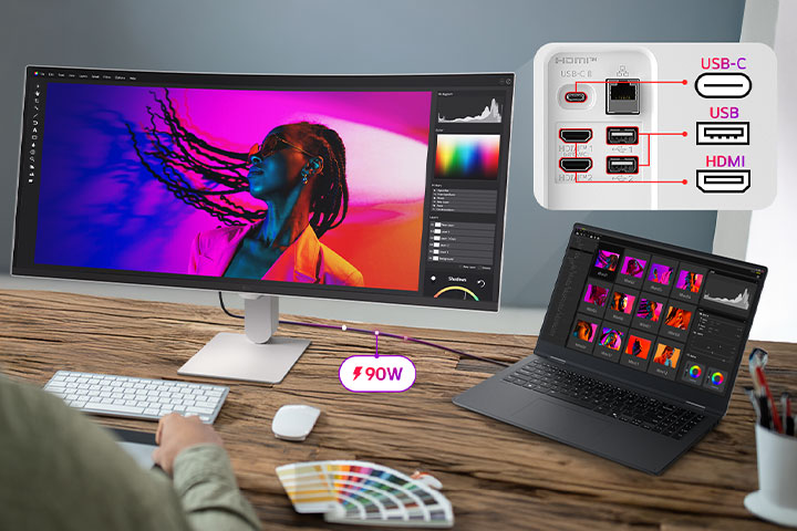 LG Smart Monitorがノートパソコンに接続され、写真編集ワークスペース、USBやHDMIを含む複数のポートを表示。シングルケーブル接続、デバイス充電、生産性重視のワークステーション設定を強調しています。