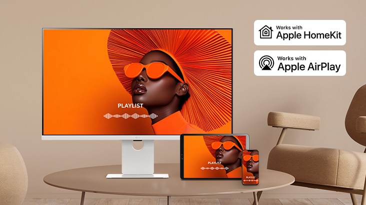 LG Smart Monitorの画面にwebOSのインターフェースが表示され、音量が上げられている。