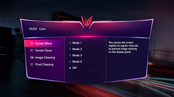 LG UltraGear evo AI 39GX950Bの画面に表示されるOLED Careメニュー。表示性能の維持と残像の防止に役立つ画面移動、スクリーンセーバー、画像クリーニング、ピクセルクリーニングなどのオプションが表示されている。