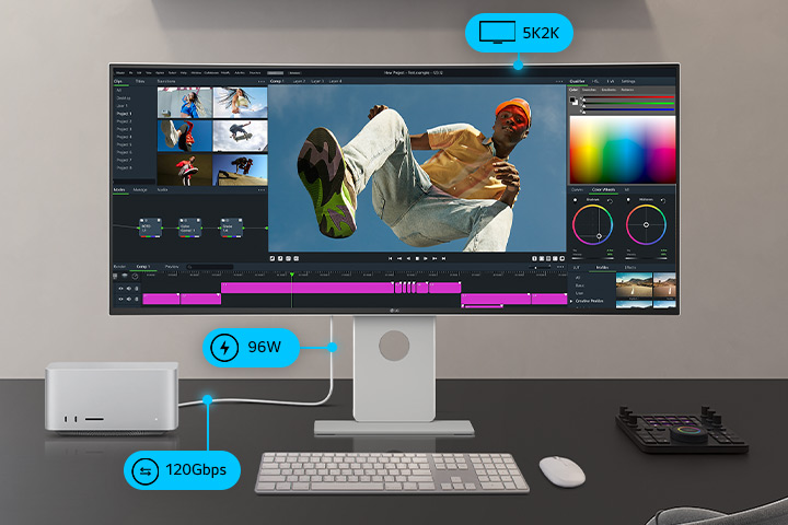 プログラム画面の映るUltraFineモニターと、その隣にはより小型のモニター、PC、ストレージが置かれている。ケーブルで接続されており、多重接続が示されている。