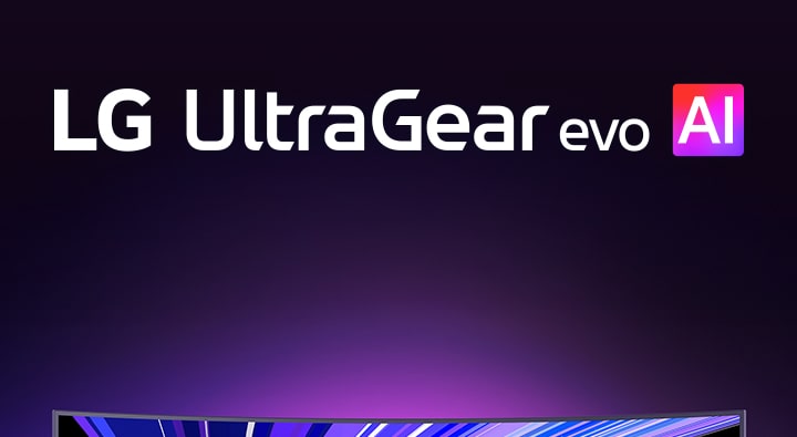 UltraGear™ evo AI logo in a futuristic, neon-lit room.