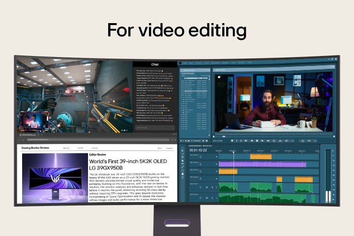 A multitasking setup showcasing gaming, video editing, design, and video calls across various apps, all displayed on an LG 5K2K OLED monitor.	