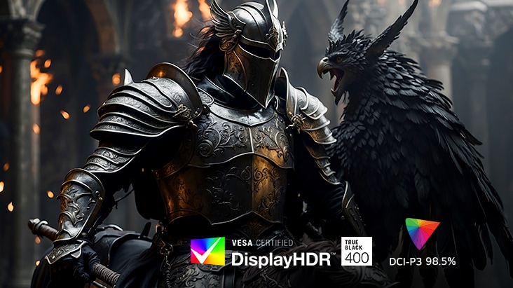 Knight in black armor with a bird in a medieval hall, highlighting DCI-P3 98.5% and DisplayHDR 400.