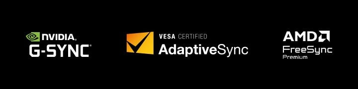 NVIDIA® G-SYNC®、VESA AdaptiveSync、 AMD FreeSync Premiumのロゴ。