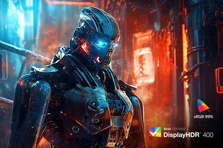 sRGB 99%とDisplayHDR™ 400が適用された、クリアな色のロボットの画像。
