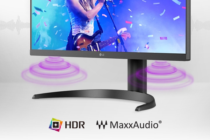 モニターはMaxxAudio搭載のステレオスピーカーを内蔵し、デスクスペースを節約しながら質の高いオーディオ環境を実現します。