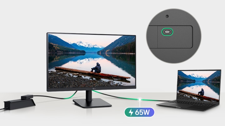 1本のUSB-Cケーブルで接続されたノートパソコンとモニターの画像。