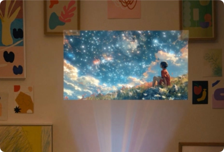 LG CineBeamが投影する、背後に空が広がる人の動画。