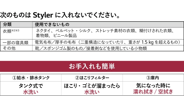 ※2 コースによっては使用できないものもあります。衣類の取り扱い表示に記載されている表示や安全に関する注意事項をご参照ください。 ※3 本製品には洗濯機能はありません。汚れた衣類は製品をご使用になる前に洗濯してください。