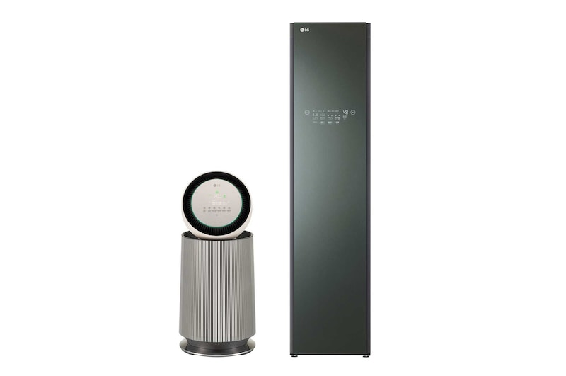 Front view of Styler 除菌消臭 3着モデル 衣類ケア ミストグリーン + Wi-Fi搭載:PuriCare Pet Gen2 ペットモード搭載空気清浄機 S3GNF657DB