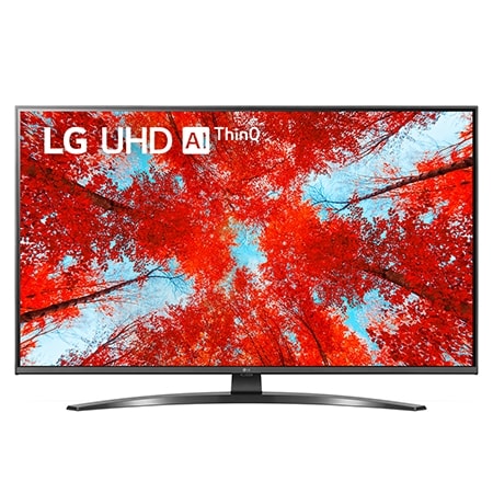 インフィル画像と製品ロゴ付きの LG UHD テレビの正面画像