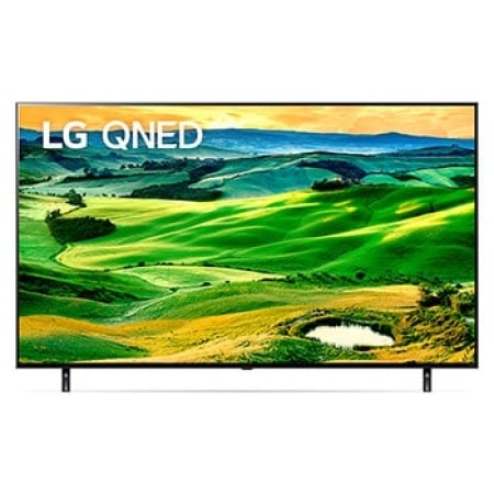 インフィル画像と製品ロゴ付きの LG QNED テレビの正面画像