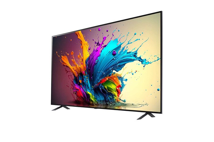 若干角度をつけたLG QNED TV、QNED90の左向きの側面画像