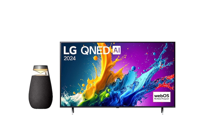 「LG QNED, 2024」という文字と「webOS Re:New Program」のロゴが画面に表示されたLG QNED TV、QNED80の正面画像