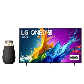 「LG QNED, 2024」という文字と「webOS Re:New Program」のロゴが画面に表示されたLG QNED TV、QNED80の正面画像