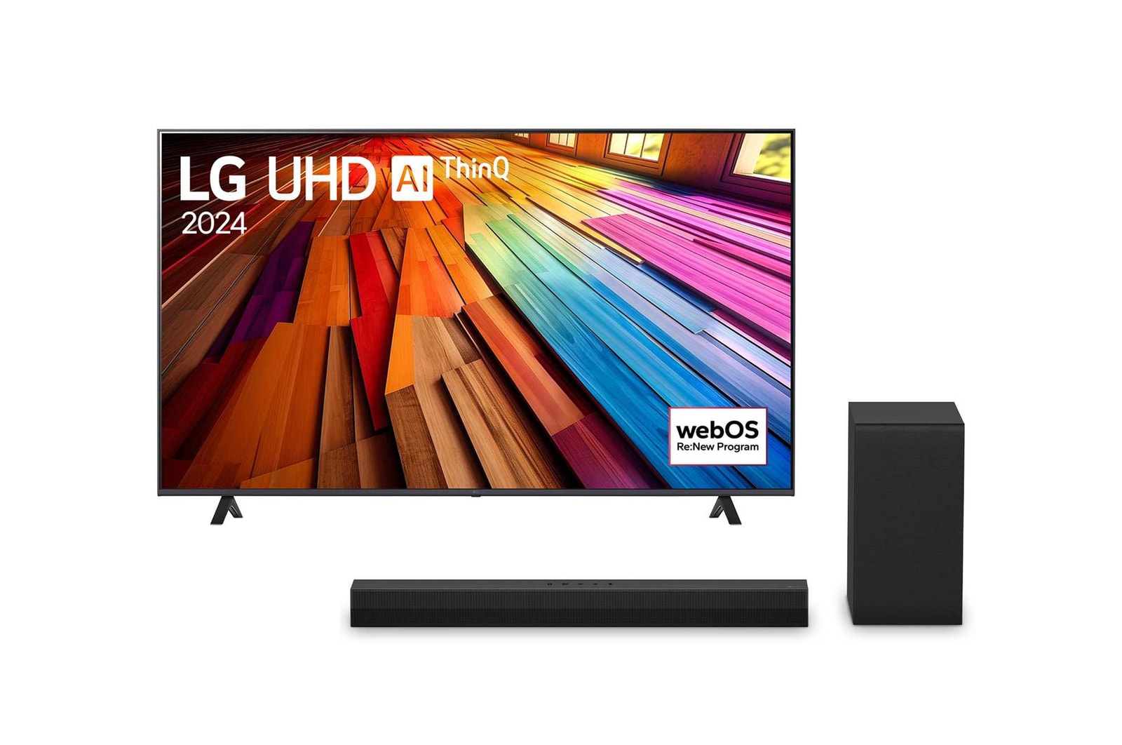 「LG UHD AI ThinQ, 2024」という文字と「webOS Re:New Program」のロゴが画面に表示されたLG UHD TV、UT80の正面画像
