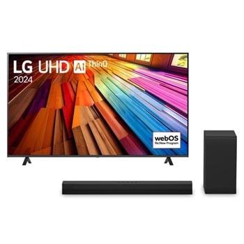 「LG UHD AI ThinQ, 2024」という文字と「webOS Re:New Program」のロゴが画面に表示されたLG UHD TV、UT80の正面画像