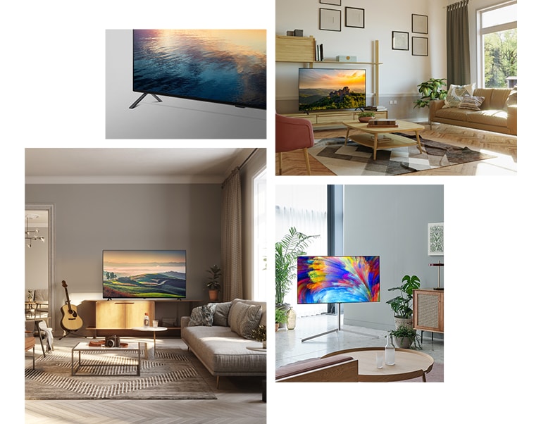 LG OLED A2 のベースの脚の側面画像。 植物と本があるニュートラルトーンのリビングルームで、LG OLED A2 が木製の TV スタンド上に置かれている。ギャラリースタンド付きの LG OLED A2 が、複数の植物があるミント色の部屋の角に置かれている。ギター、カメラ、植物があるニュートラルトーンのリビングルームで、LG OLED A2 が木製の TV スタンド上に置かれている。