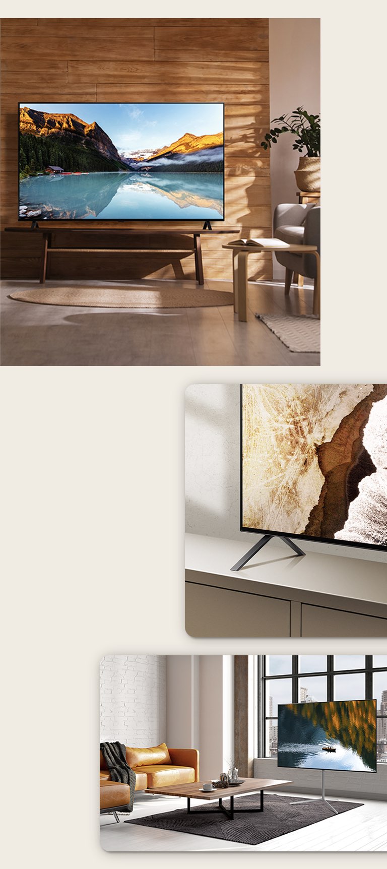 木製の壁を背景にテレビスタンド上に置かれている LG OLED A3 の画像。LG OLED A3 のベーススタンドの下側コーナー。街を眺望する窓を背景にフロアスタンド上に置かれている LG OLED A3。
