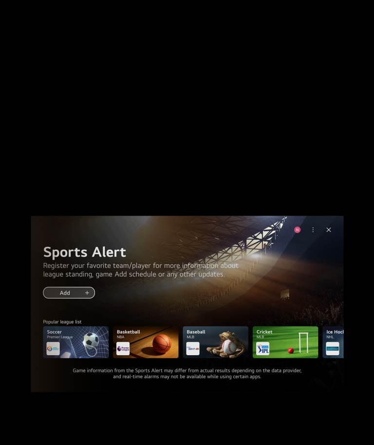 WebOS のホーム画面を映し出す動画。カーソルを「ゲームクイックカード」、「スポーツクイックカード」の順にクリックすると、関連コンテンツの画面になる。