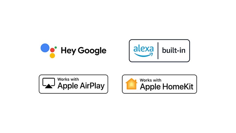 ThinQ AI と互換性のある Hey Google、alexa、Apple Airplay、Apple HomeKit のロゴを示しています。