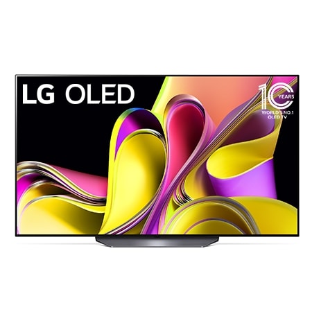 LG OLED evo の正面の光景、「10年間 有機ELテレビ 世界シェアNo.1」エンブレム、画面にはパネル 5 年保証ロゴがある