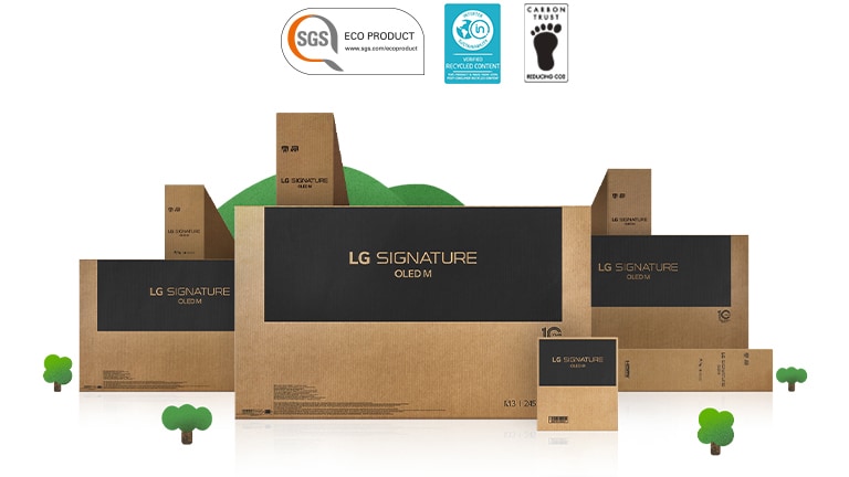 生い茂る木々や山のまわりに表示されたエコフレンドリーなLG OLEDのダンボール包装。