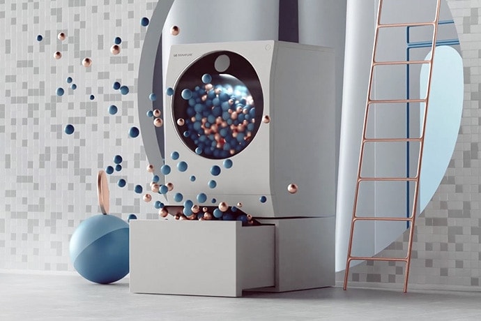 カラフルなたくさんのボールとハシゴと共に'存在する'LGSIGNATURE洗濯機