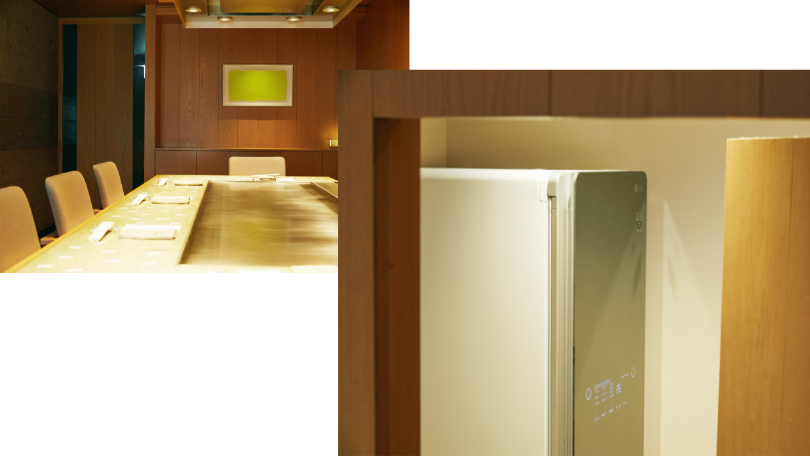 店主にLG Stylerについて伺う。「実は自宅用に購入を考えていたところで、お店にあったらベストだな、と思い立ちました。スーツをお召しの方も多いですしね。導入してみると既にご自宅でお持ちのお客さまも多く、話の種になることも。