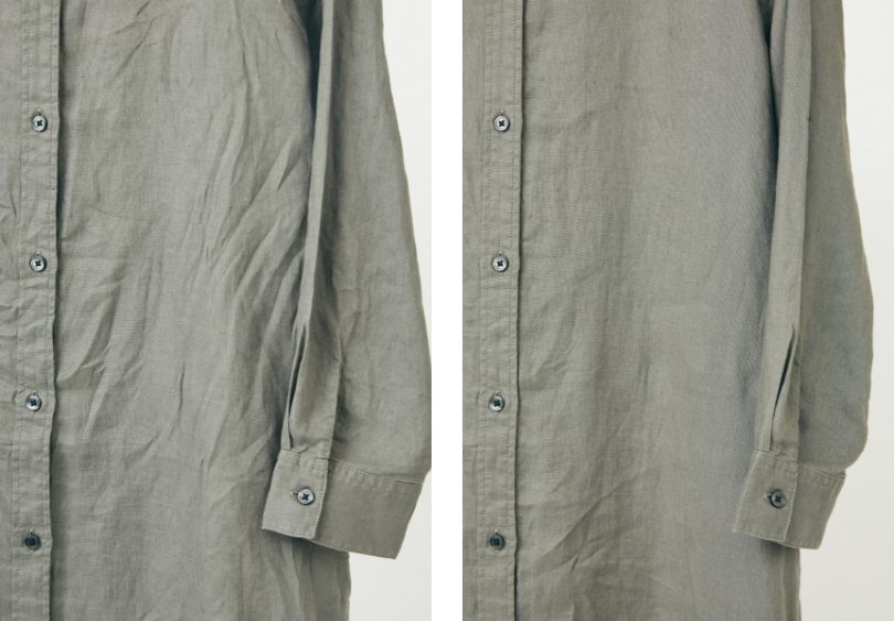 リネン生地でも、LG Stylerのシワ伸ばし効果はその実力を発揮！頑固な縦ジワは目立たなくなり、リネン生地本来のナチュラルな風合いが楽しめるようになりました。