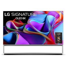 LG OLED 8K evo の正面の光景、画面には「10 年間 有機 EL テレビ 世界シェア No.1」のエンブレム、「パネル 5 年保証」のロゴがある。