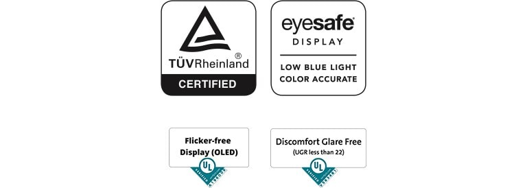 TUV Rheinland Eyesafe Display ロゴ、Flicker-free Display ロゴ、Discomfort GlareFree ロゴ