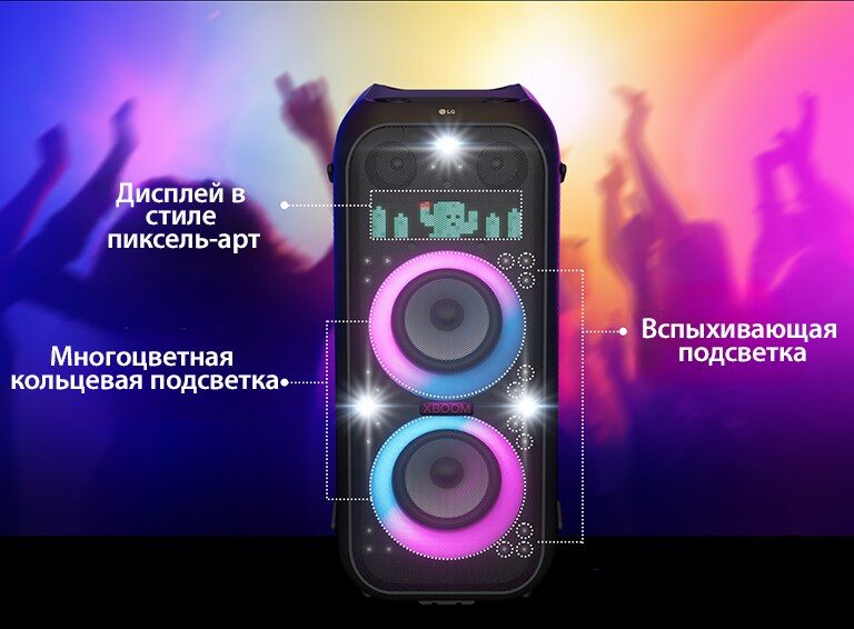 Вид спереди на колонку. Для каждой части подсветки есть своя линия. Сверху расположен дисплей в стиле пиксель-арт, на котором изображен персонаж кактуса. В центре — розовая и голубая градиентная многоцветная кольцевая подсветка. А по всей колонке распространяется вспыхивающая подсветка.