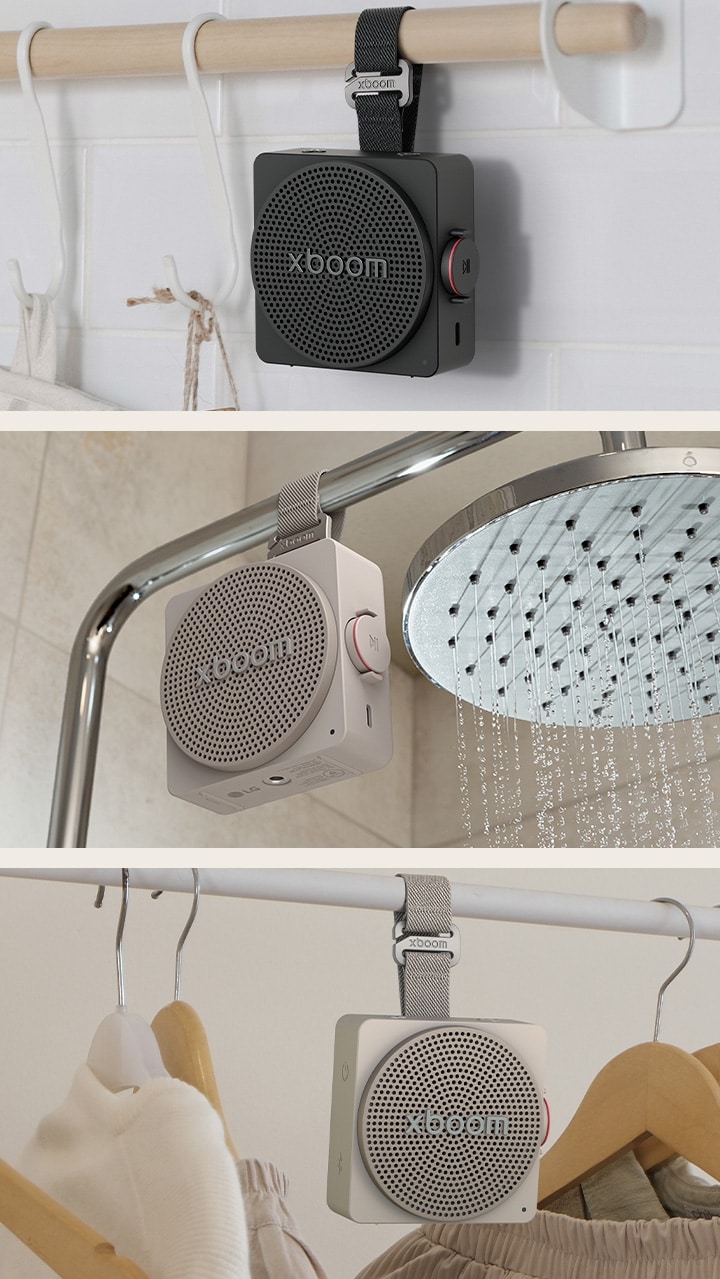 1) Портативная Bluetooth-колонка LG xboom Mini черного цвета с прочным ремешком висит на кухонной рейке 2) Компактная Bluetooth-колонка LG xboom Mini бежевого цвета в форме куба висит на вешалке для одежды 3) Небольшая портативная Bluetooth-колонка LG xboom Mini черного цвета висит на штанге для душа в ванной комнате