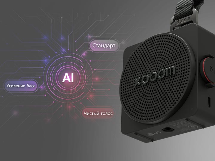 Портативная Bluetooth-колонка LG xboom Mini с режимами звука на базе ИИ (усиление басов, ИИ-анализ, улучшение голоса) для улучшения баланса и четкости звучания музыки