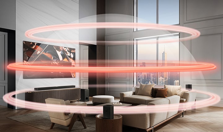 LG Soundbar, задние динамики и LG TV находятся в большой городской квартире. Три красные полосы появляются по очереди в виде виртуальных слоев и создают цельный звуковой купол.