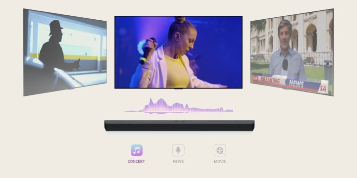 LG Soundbar демонстрирует три разных экрана телевизора. На первом экране воспроизводится музыкальный концерт с поющей женщиной. Экран телевизора с новостями перемещается в центр, и начинается трансляция. Экран телевизора с экшн-сценой с бегущей по лестнице женщиной перемещается в центр, и начинается трансляция. Между телевизором и саундбаром Soundbar находится звуковая волна, меняющая цвет при переключении экрана телевизора на другой, что соответствует жанру.