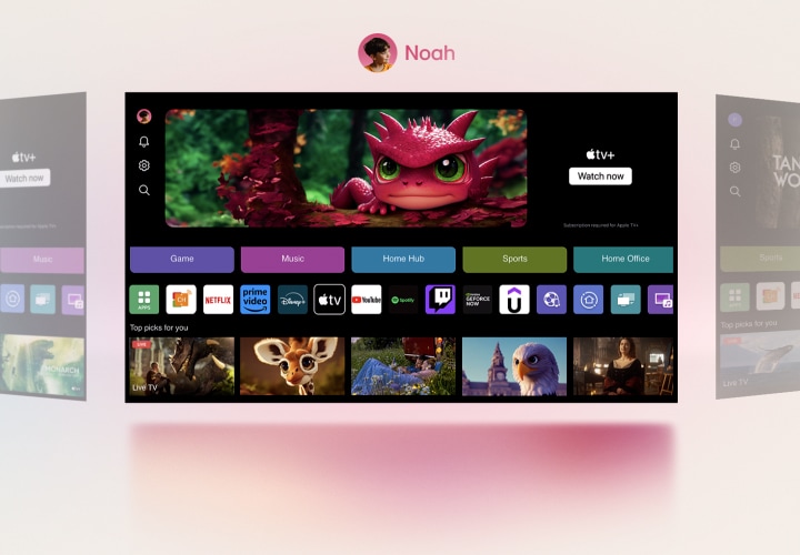 Крупный план экрана телевизора LG TV с кнопками «Спорт», «Домашний офис» и «Игра» над баннером сериала «Властелины воздуха» увеличивается, чтобы показать, что окно является домашним экраном webOS с профилем для отца, поворачивается к другому домашнему экрану webOS, чтобы показать профиль для Ноа.