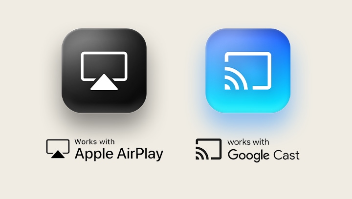Слева расположен логотип Apple Airplay, а справа — логотип Google Cast.